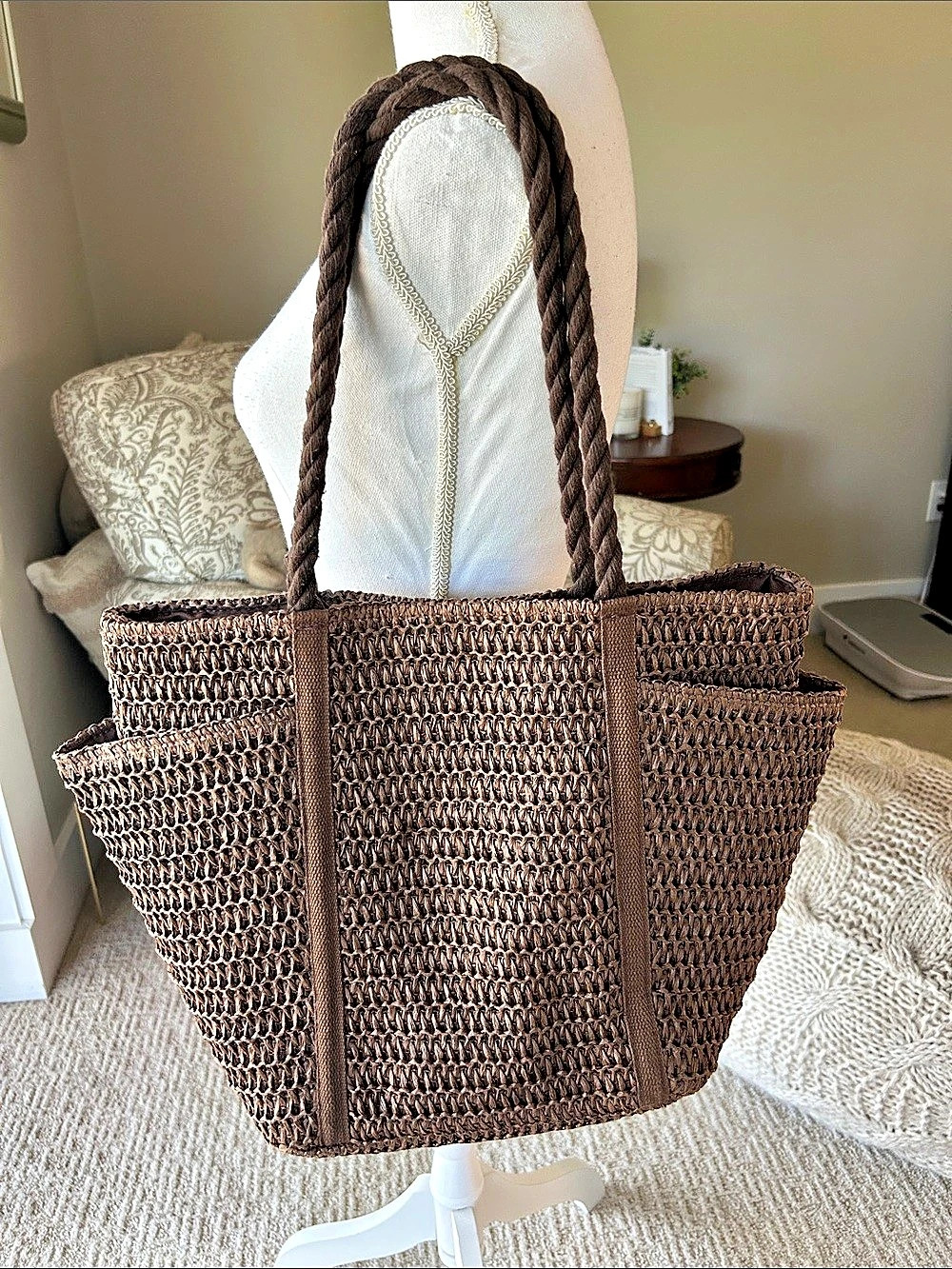 Evereve Woven Tote in chocolate Brown Like New